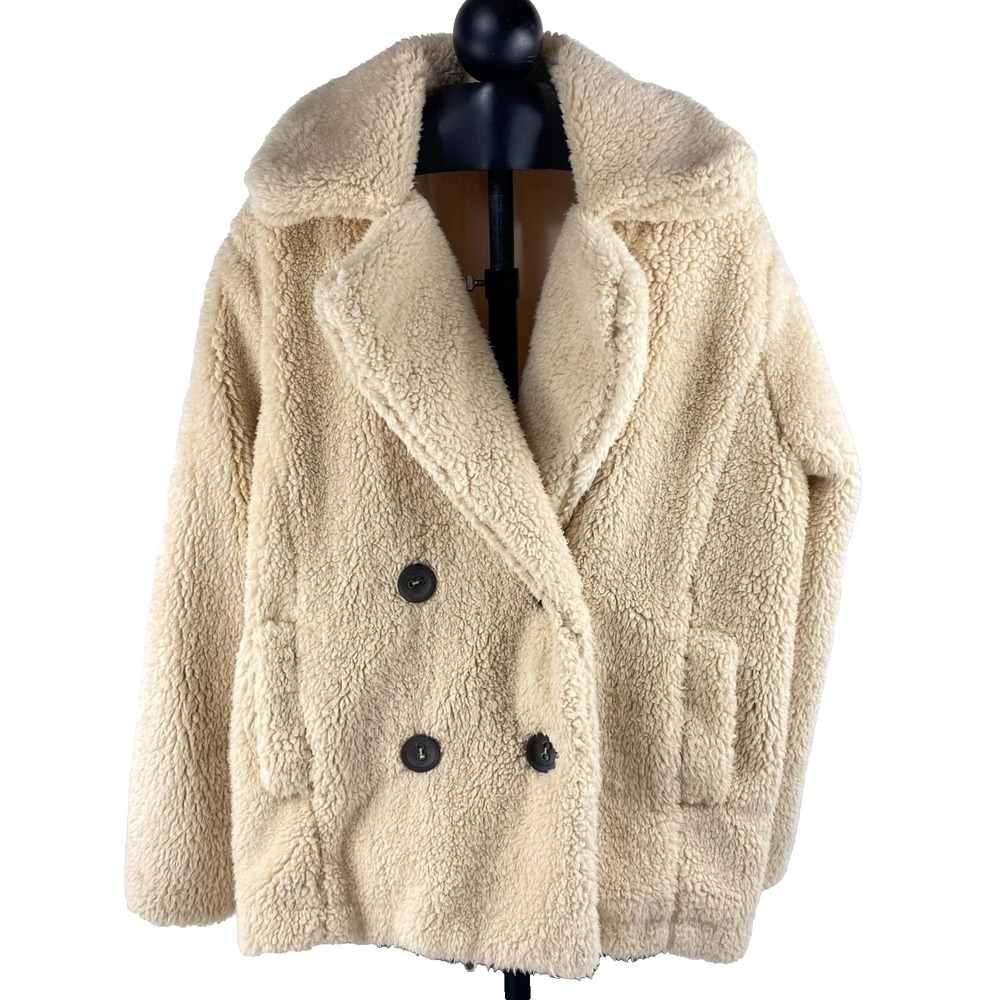 Free People Teddy Peacoat Women L Cream Faux Fur Sherpa Double Breasted Jacket